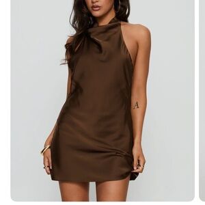 NWT Princess Polly Chocolate Brown Satin Halter Mini Dress size 2